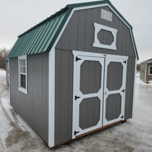 1980 Lofted Barn 10x16 Peppercorn Grey with White Trim with Hunter Green Roof - no permit required