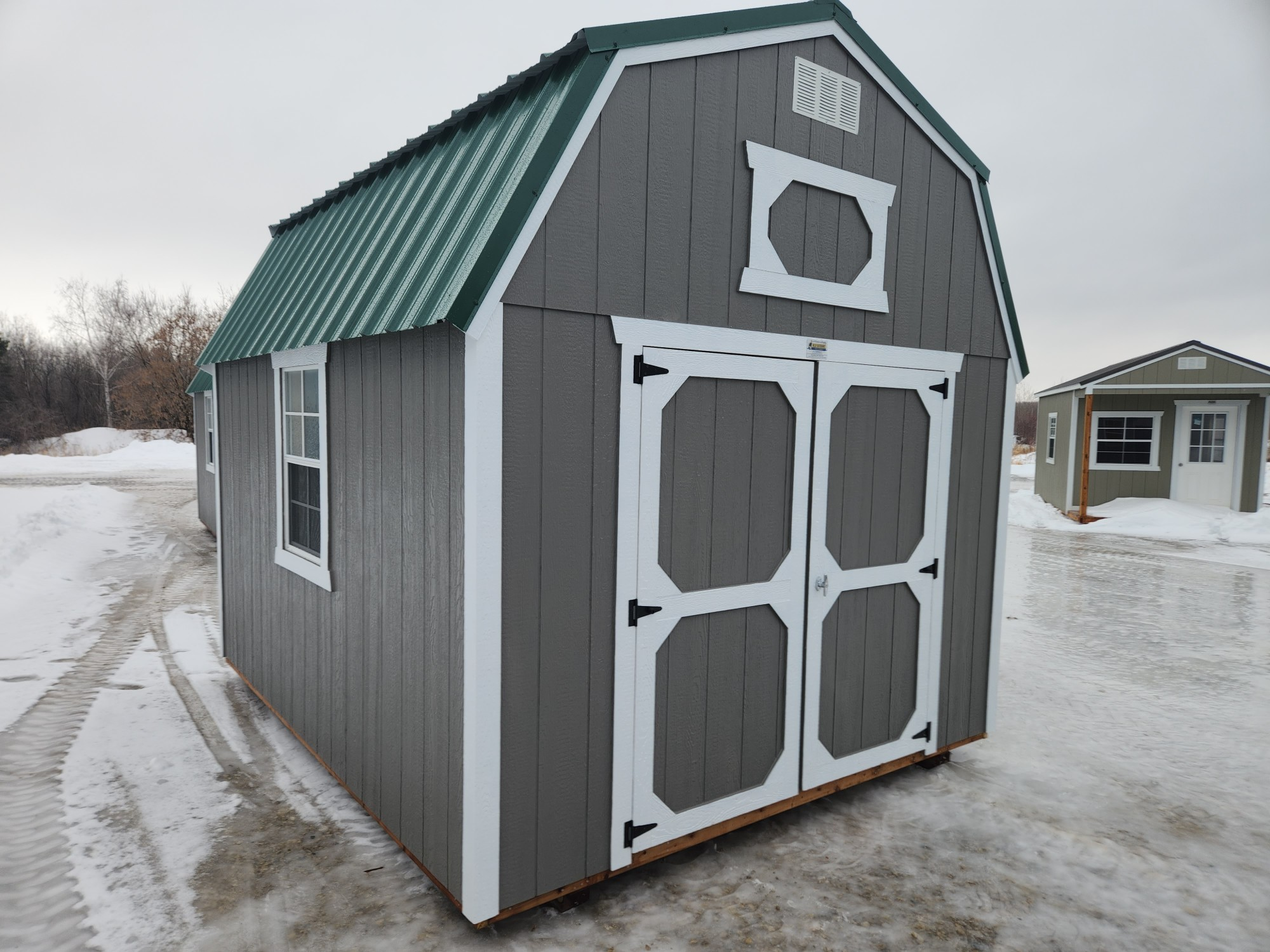 1980 Lofted Barn 10x16 Peppercorn Grey with White Trim with Hunter Green Roof - no permit required