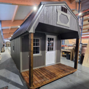 2076 Front Porch on Lofted Barn 10x20 Driftwood Urethane with Hardware trim and Burnished Slate Roof - a permit is easy SOLD