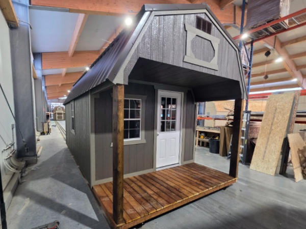 2076 Front Porch on Lofted Barn 10x20 Driftwood Urethane with Hardware trim and Burnished Slate Roof - a permit is easy SOLD