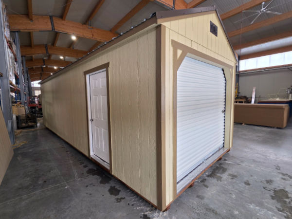 2117: Roll Up door on Utility Shed 12x28 Crewel Tan with Dark Clove Trim and Burnished Slate Roof- a permit is easy SOLD