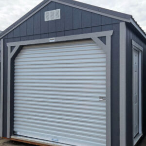 2143: Roll Up door on Utility Shed 10x20 Peppercorn Grey with Pewter Cast Trim and Charcoal Roof- a permit is easy