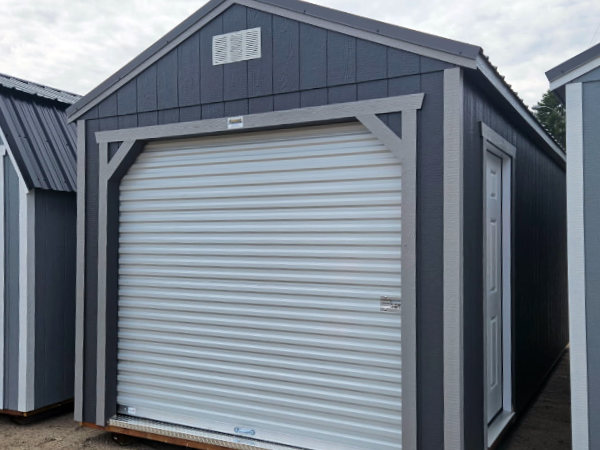 2143: Roll Up door on Utility Shed 10x20 Peppercorn Grey with Pewter Cast Trim and Charcoal Roof- a permit is easy