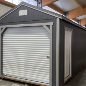 2146: Roll Up door on Utility Shed 10x20 Peppercorn Grey with Pewter Trim and Charcoal Roof- a permit is easy