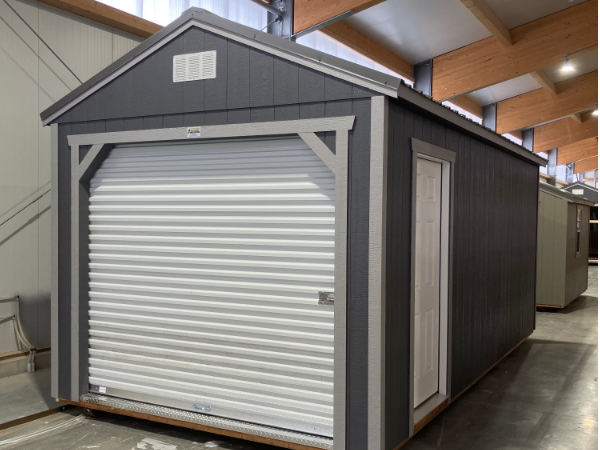 2146: Roll Up door on Utility Shed 10x20 Peppercorn Grey with Pewter Trim and Charcoal Roof- a permit is easy