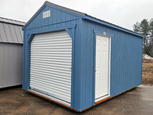 2171: Roll Up door on Utility Shed 10x16 Smoky Blue and Charcoal Roof - no permit required SOLD