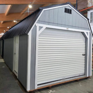 2185: Roll Up door on Lofted Barn 12x20 Steely Grey with White Trim and Black Roof- a permit is easy SOLD