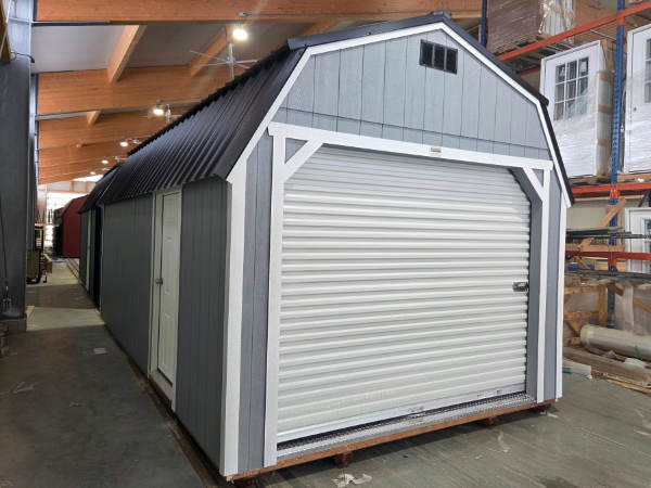 2185: Roll Up door on Lofted Barn 12x20 Steely Grey with White Trim and Black Roof- a permit is easy SOLD