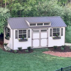 907: Utility with Dormer 10x20 Barn White with Gap Grey Trim and Grey Shadow Shutters - Special Order