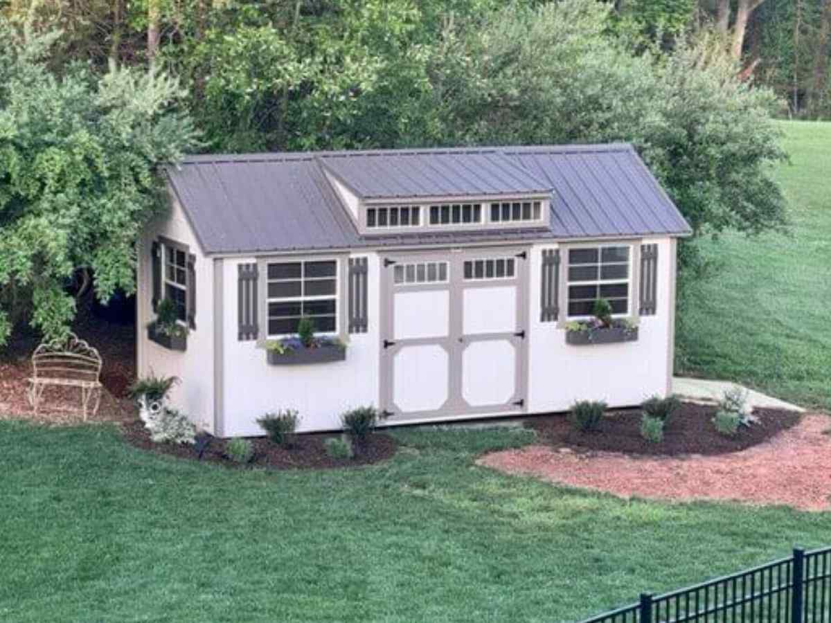 907: Utility with Dormer 10x20 Barn White with Gap Grey Trim and Grey Shadow Shutters - Special Order