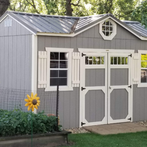 903: Utility Shed w/Gable Dormer 8x16 Gap Grey with Barn White Trim - Special Order