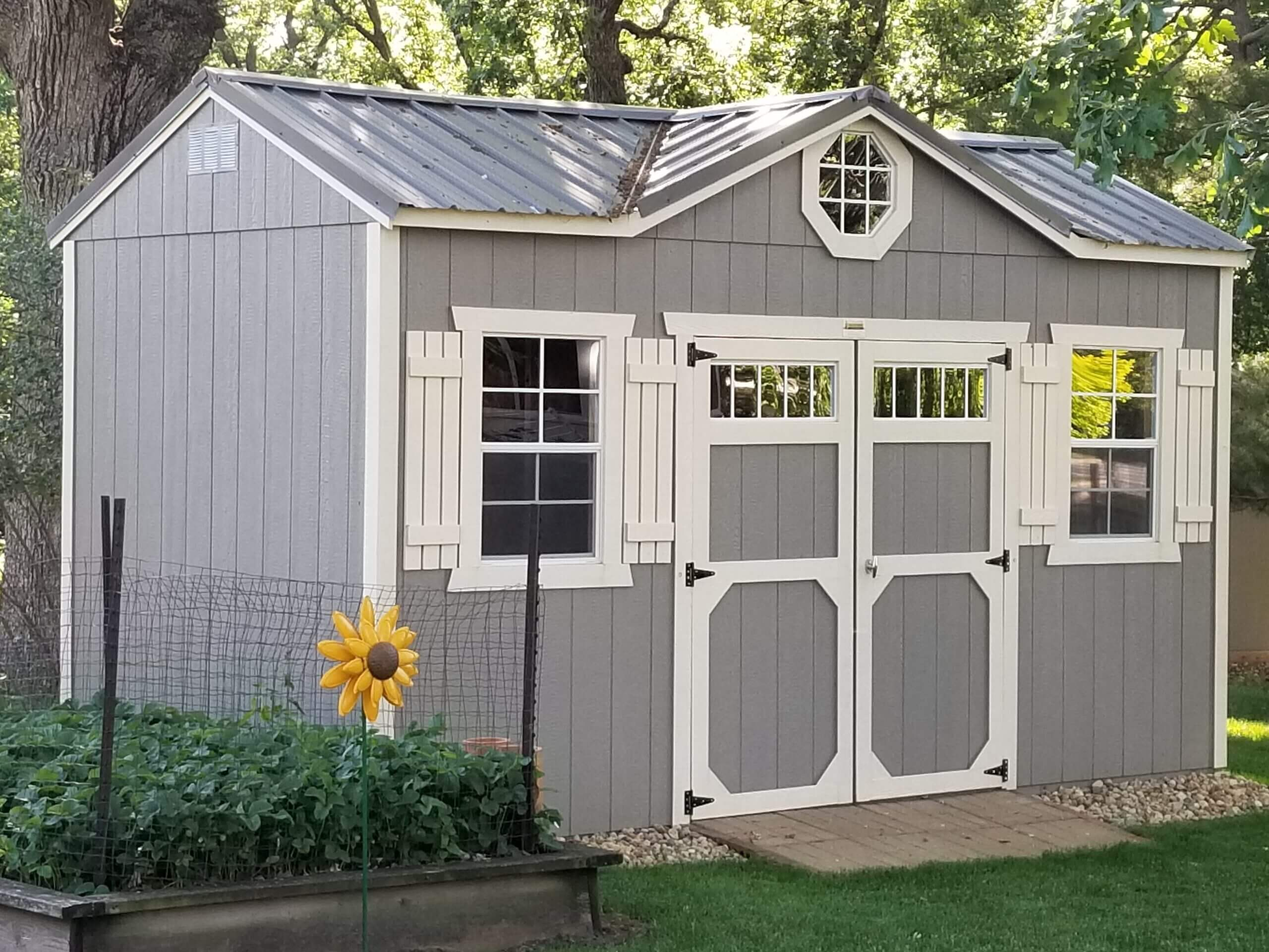 903: Utility Shed w/Gable Dormer 8x16 Gap Grey with Barn White Trim - Special Order