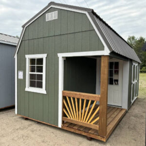 1943 Side Porch on Lofted Barn 10x20 Rosemary Green with White Trim and Brown Roof - a permit is easy