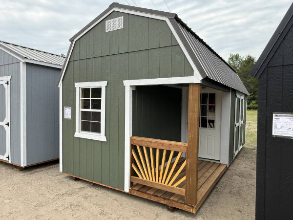 1943 Side Porch on Lofted Barn 10x20 Rosemary Green with White Trim and Brown Roof - a permit is easy