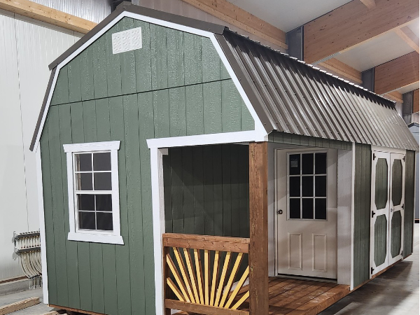 1943 Side Porch on Lofted Barn 10x20 Rosemary Green with White Trim and Brown Roof - a permit is easy