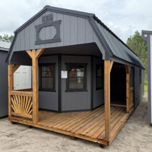 2019 Deluxe Playhouse on Lofted Barn 12×28 Peppercorn, Black Trim, and Black Roof – a permit is easy