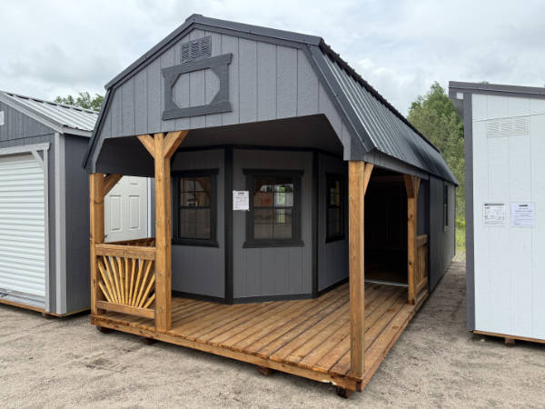 2019 Deluxe Playhouse on Lofted Barn 12×28 Peppercorn, Black Trim, and Black Roof – a permit is easy