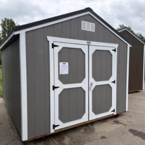 2069 Utility Shed 10x12 Gauntlet Grey with White Trim and Black roof - no permit required