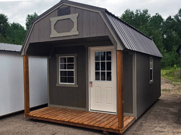 2075 Front Porch on Lofted Barn 10x20 Driftwood Urethane with Hardware trim and Burnished Slate Roof - a permit is easy