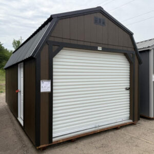 2110: Roll Up door on Lofted Barn 12x20 Dark Clove with Black Trim and Black Roof- a permit is easy SOLD